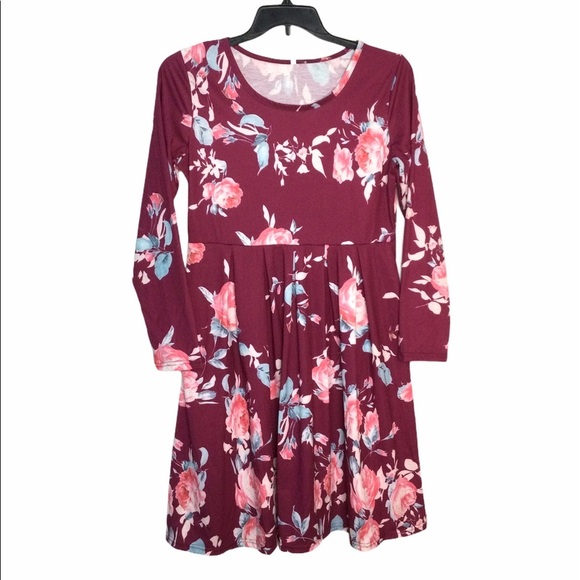 Women's L Large 12 - 14 Dress Flowers Rose Crewneck 2 Pockets Long Sleeve NWOT - Picture 2 of 8